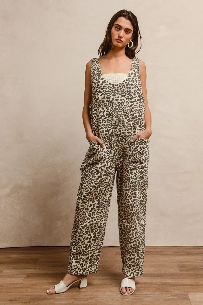 BiBi Leopard Print Adjustable Strap U Neck Jumpsuit - Bitsy Gypsy Boutique