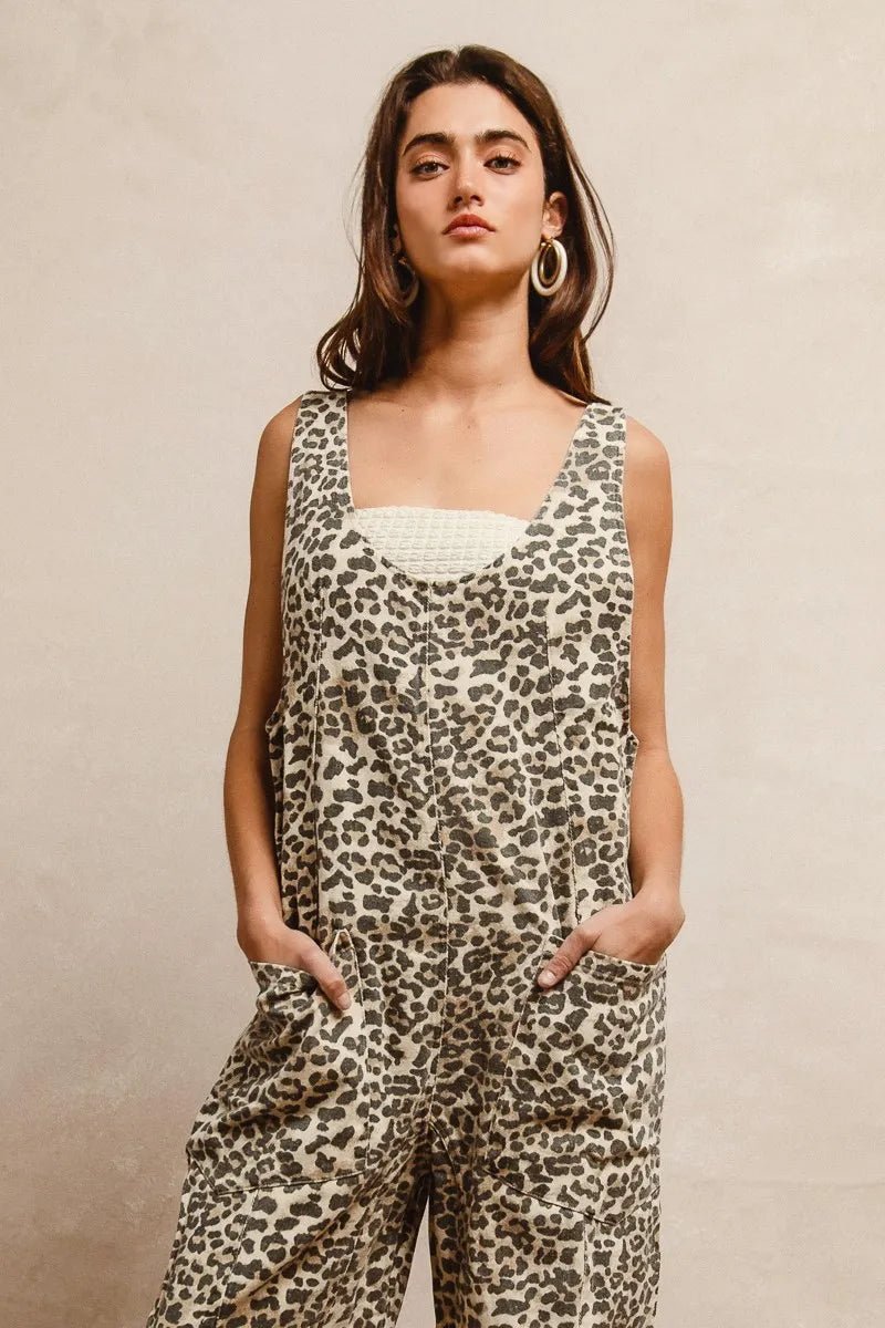 BiBi Leopard Print Adjustable Strap U Neck Jumpsuit - Bitsy Gypsy Boutique