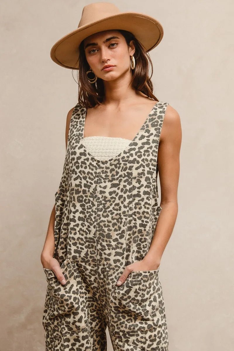 BiBi Leopard Print Adjustable Strap U Neck Jumpsuit - Bitsy Gypsy Boutique