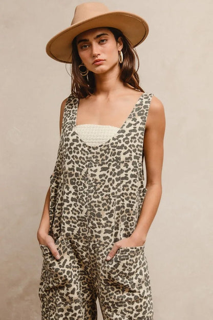 BiBi Leopard Print Adjustable Strap U Neck Jumpsuit - Bitsy Gypsy Boutique