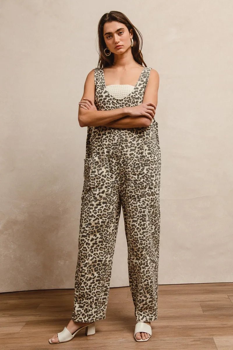 BiBi Leopard Print Adjustable Strap U Neck Jumpsuit - Bitsy Gypsy Boutique