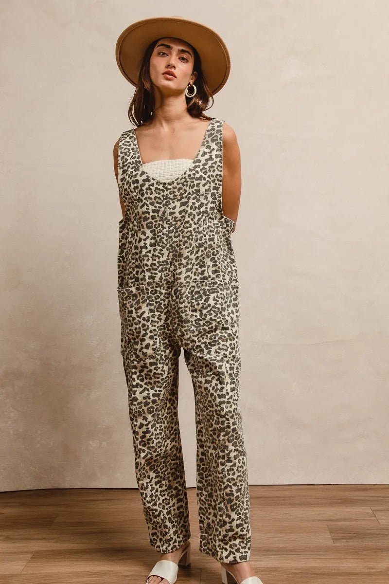 BiBi Leopard Print Adjustable Strap U Neck Jumpsuit - Bitsy Gypsy Boutique