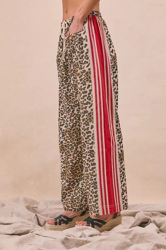 BiBi Leopard Print Pants with Side Contrast and Tucking Welt Pocke - Bitsy Gypsy Boutique