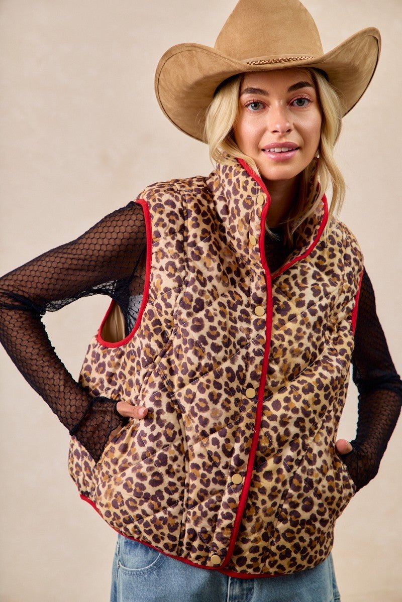 BiBi Leopard Print Piping Detail Quilted Vest - Bitsy Gypsy Boutique