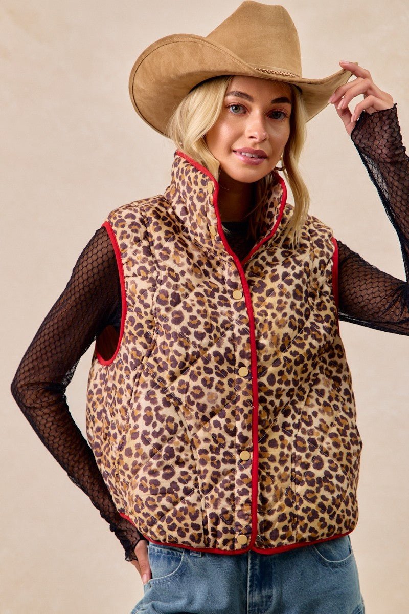 BiBi Leopard Print Piping Detail Quilted Vest - Bitsy Gypsy Boutique