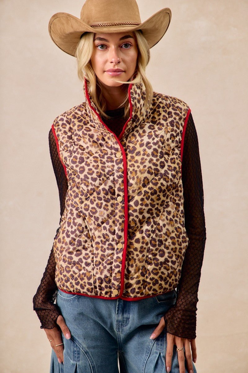 BiBi Leopard Print Piping Detail Quilted Vest - Bitsy Gypsy Boutique