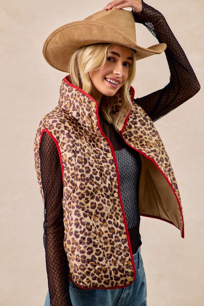 BiBi Leopard Print Piping Detail Quilted Vest - Bitsy Gypsy Boutique