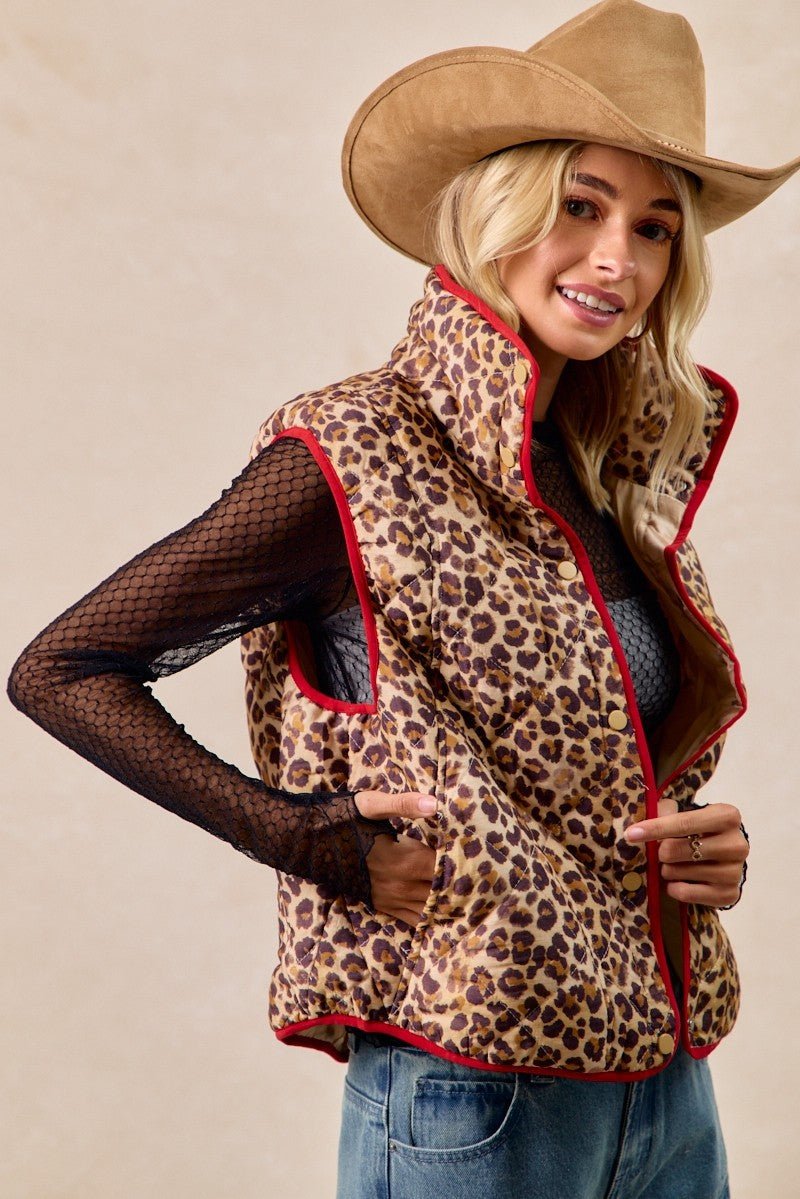BiBi Leopard Print Piping Detail Quilted Vest - Bitsy Gypsy Boutique