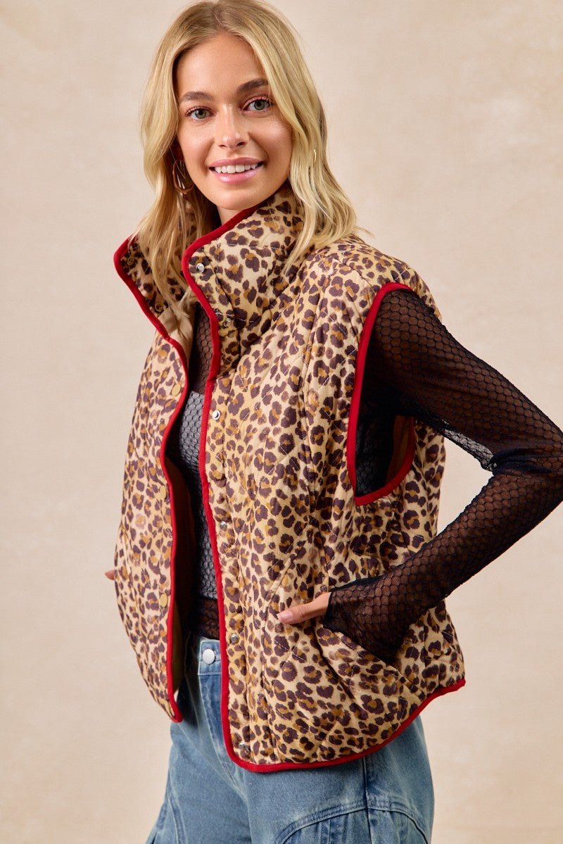 BiBi Leopard Print Piping Detail Quilted Vest - Bitsy Gypsy Boutique