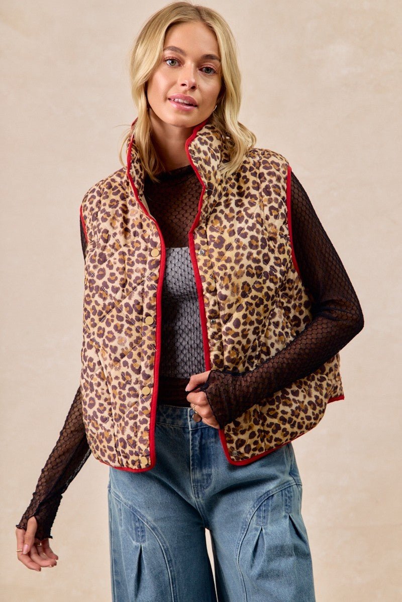 BiBi Leopard Print Piping Detail Quilted Vest - Bitsy Gypsy Boutique