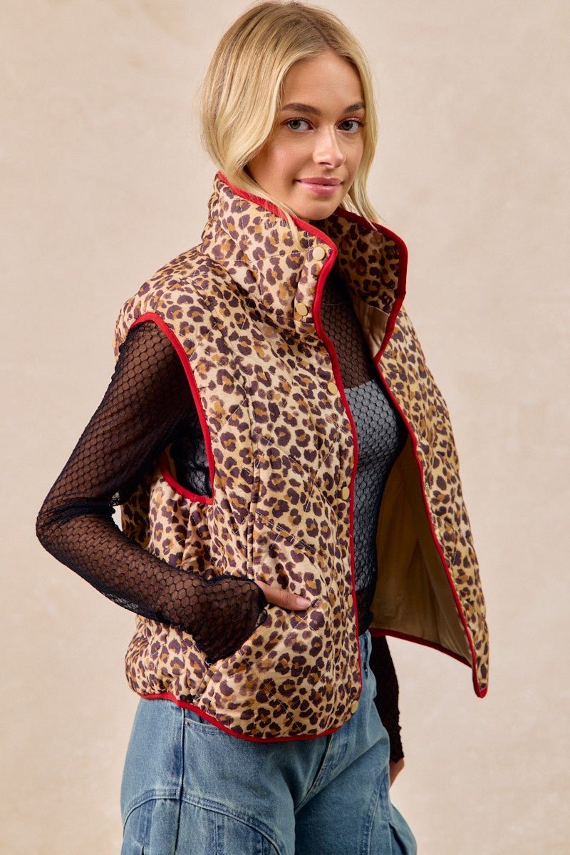 BiBi Leopard Print Piping Detail Quilted Vest - Bitsy Gypsy Boutique