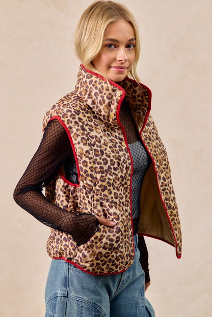 BiBi Leopard Print Piping Detail Quilted Vest - Bitsy Gypsy Boutique