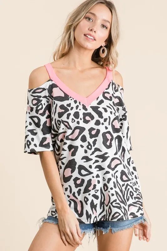 BiBi Leopard Print Top with Shoulder Cut Out - Bitsy Gypsy Boutique