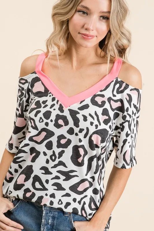 BiBi Leopard Print Top with Shoulder Cut Out - Bitsy Gypsy Boutique