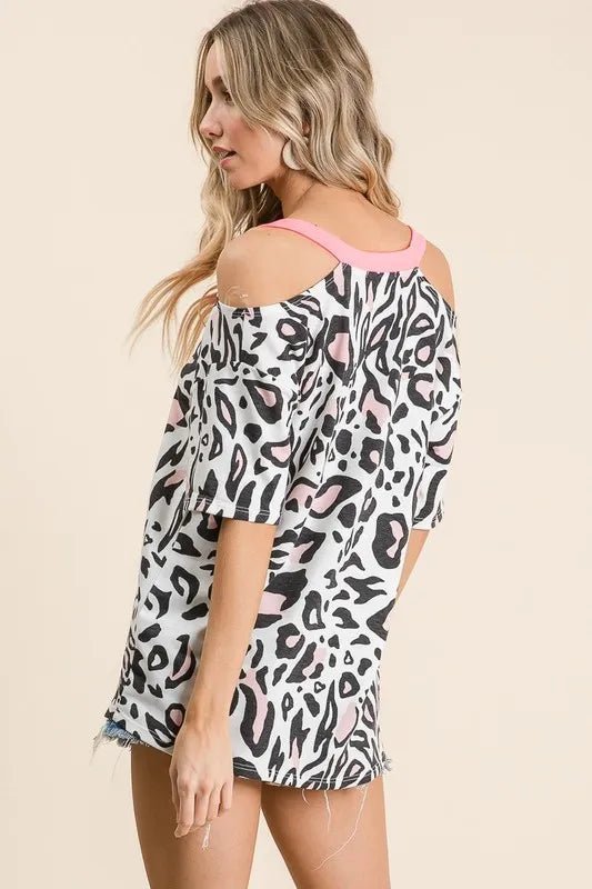 BiBi Leopard Print Top with Shoulder Cut Out - Bitsy Gypsy Boutique