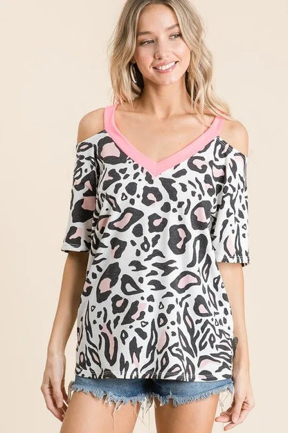 BiBi Leopard Print Top with Shoulder Cut Out - Bitsy Gypsy Boutique