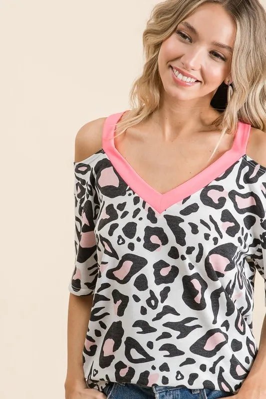 BiBi Leopard Print Top with Shoulder Cut Out - Bitsy Gypsy Boutique