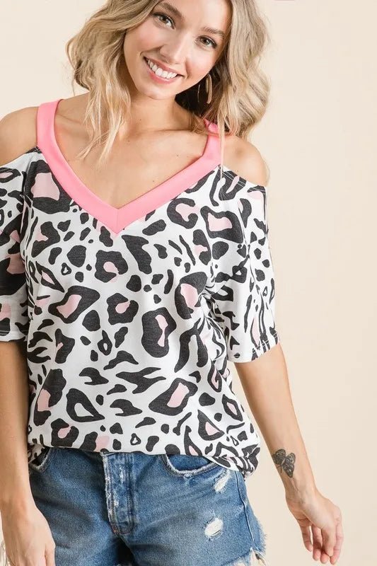 BiBi Leopard Print Top with Shoulder Cut Out - Bitsy Gypsy Boutique