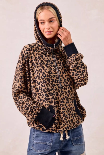 BiBi Leopard Print Waffle Half Zip Up Hoodie W Pocket - Bitsy Gypsy Boutique