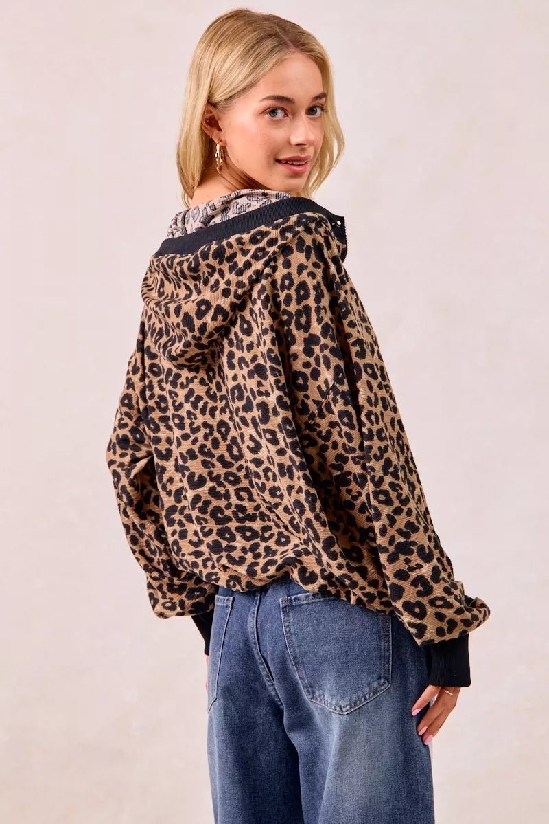 BiBi Leopard Print Waffle Half Zip Up Hoodie W Pocket - Bitsy Gypsy Boutique