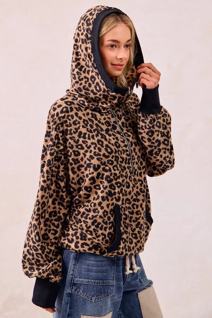 BiBi Leopard Print Waffle Half Zip Up Hoodie W Pocket - Bitsy Gypsy Boutique