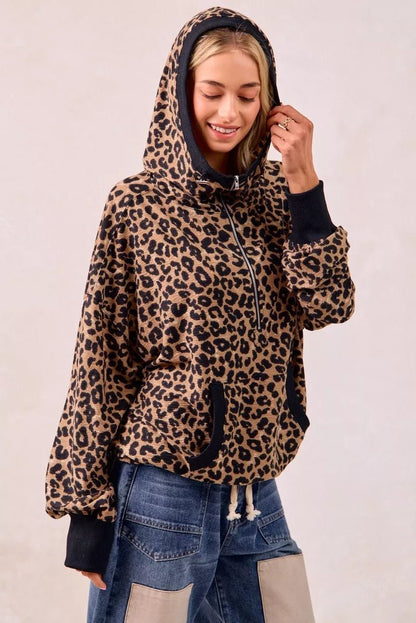 BiBi Leopard Print Waffle Half Zip Up Hoodie W Pocket - Bitsy Gypsy Boutique