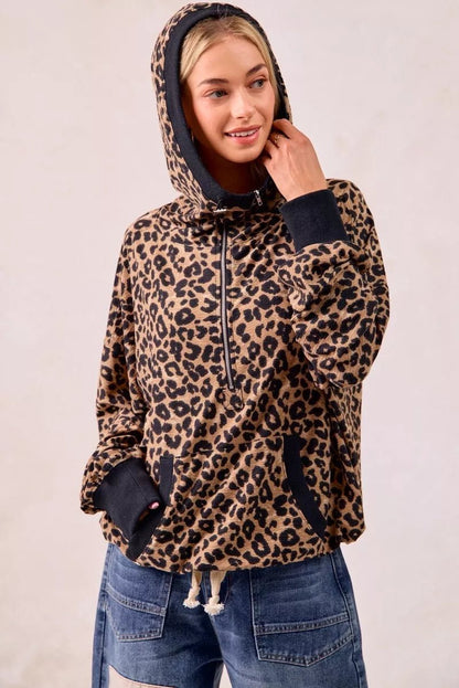 BiBi Leopard Print Waffle Half Zip Up Hoodie W Pocket - Bitsy Gypsy Boutique