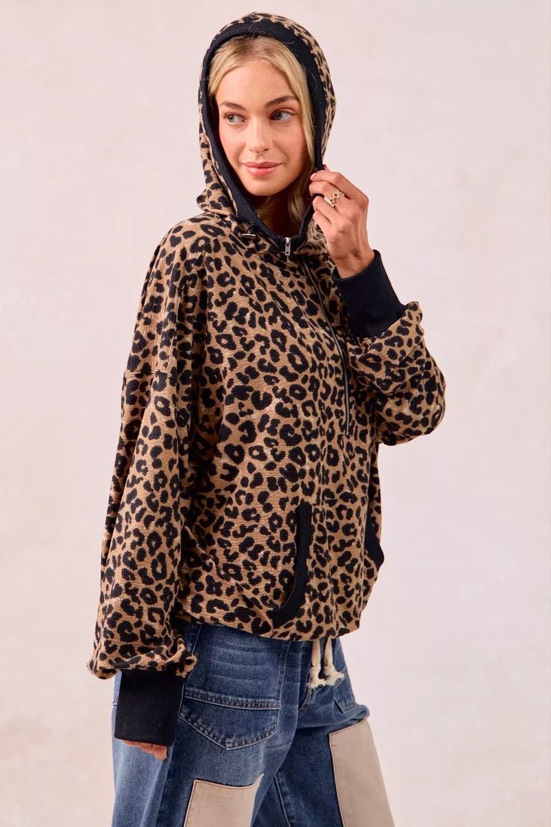 BiBi Leopard Print Waffle Half Zip Up Hoodie W Pocket - Bitsy Gypsy Boutique