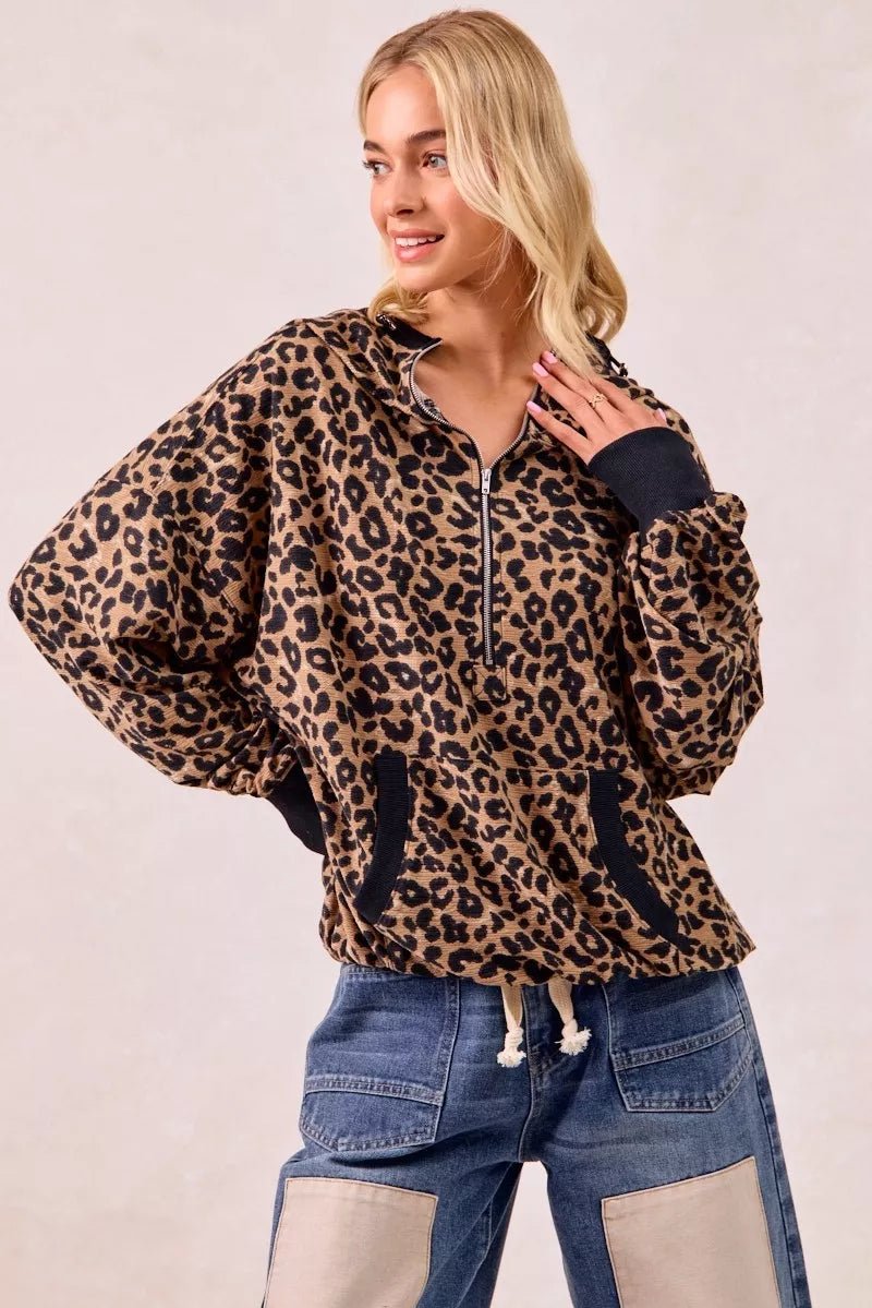 BiBi Leopard Print Waffle Half Zip Up Hoodie W Pocket - Bitsy Gypsy Boutique