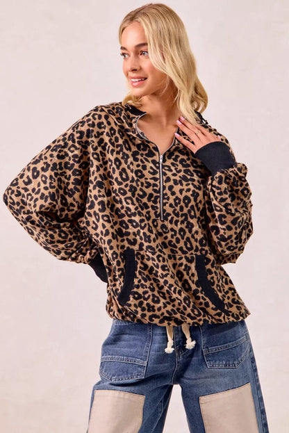 BiBi Leopard Print Waffle Half Zip Up Hoodie W Pocket - Bitsy Gypsy Boutique