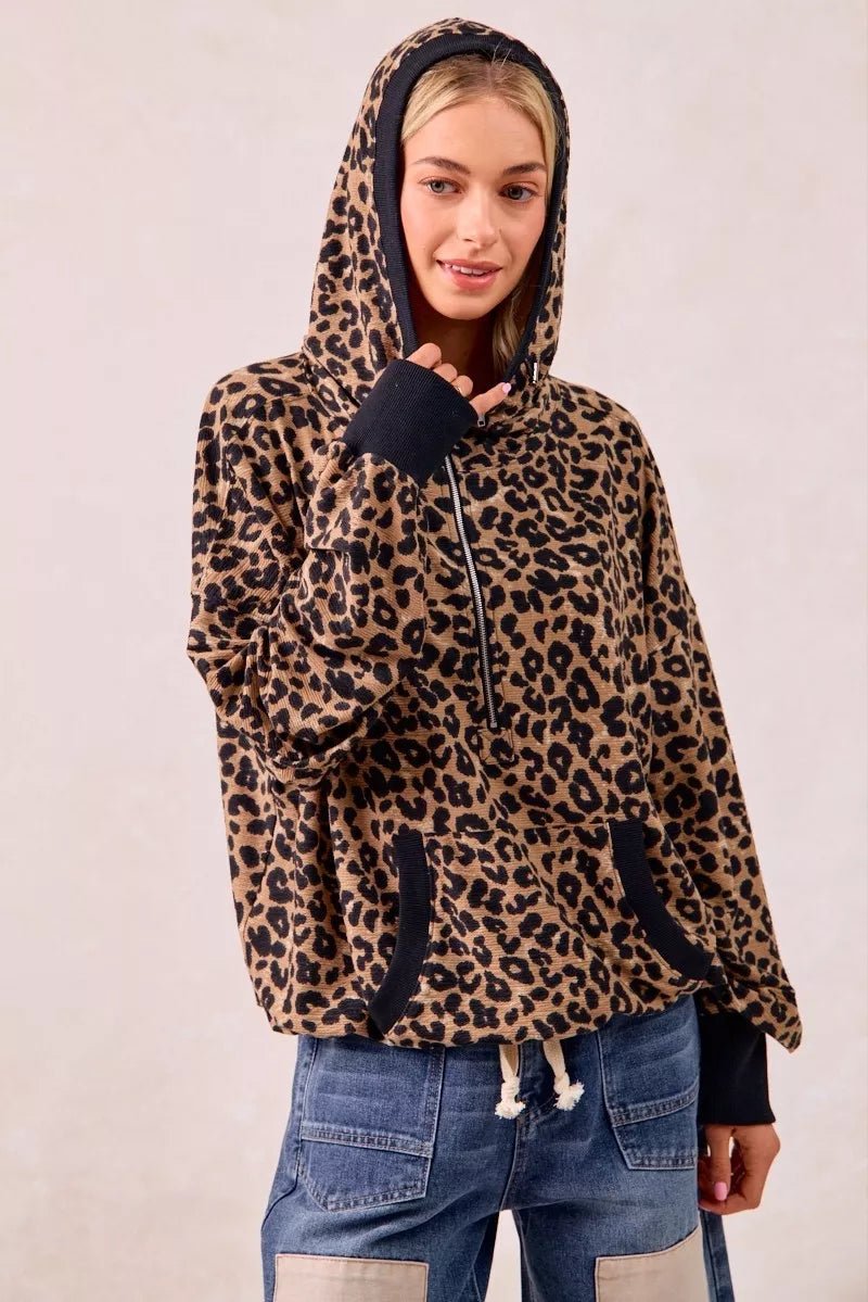 BiBi Leopard Print Waffle Half Zip Up Hoodie W Pocket - Bitsy Gypsy Boutique