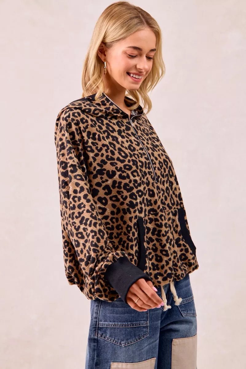 BiBi Leopard Print Waffle Half Zip Up Hoodie W Pocket - Bitsy Gypsy Boutique