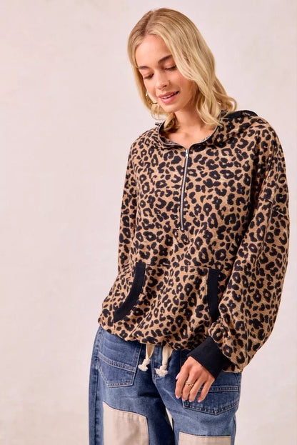 BiBi Leopard Print Waffle Half Zip Up Hoodie W Pocket - Bitsy Gypsy Boutique
