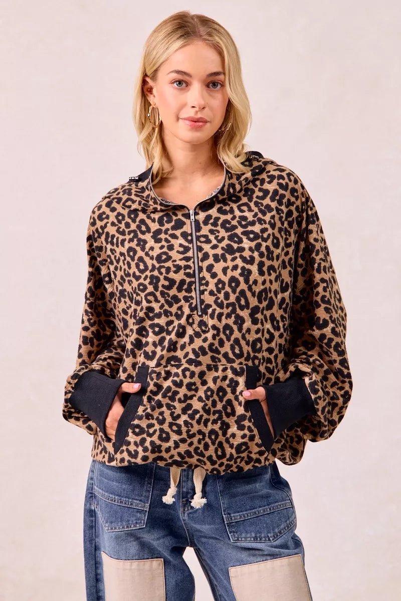 BiBi Leopard Print Waffle Half Zip Up Hoodie W Pocket - Bitsy Gypsy Boutique