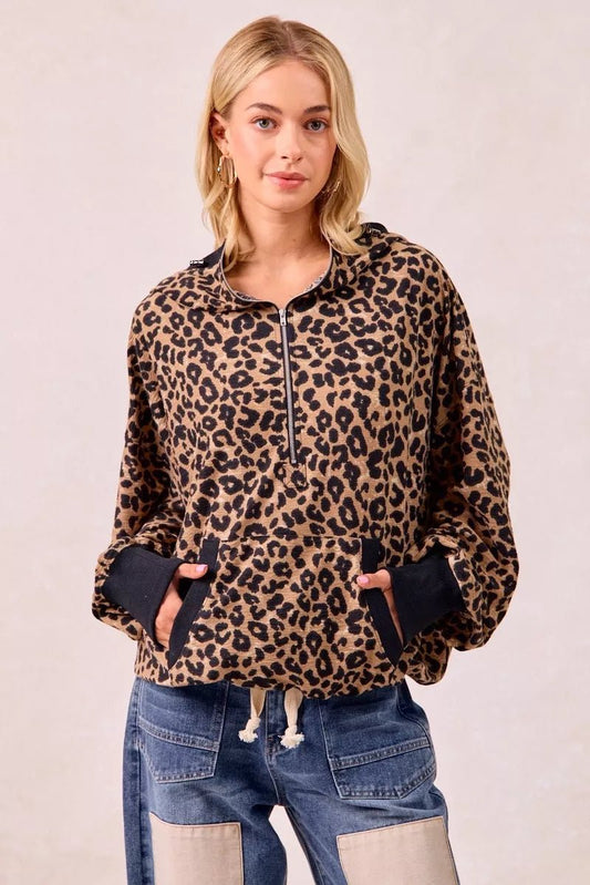BiBi Leopard Print Waffle Half Zip Up Hoodie W Pocket - Bitsy Gypsy Boutique