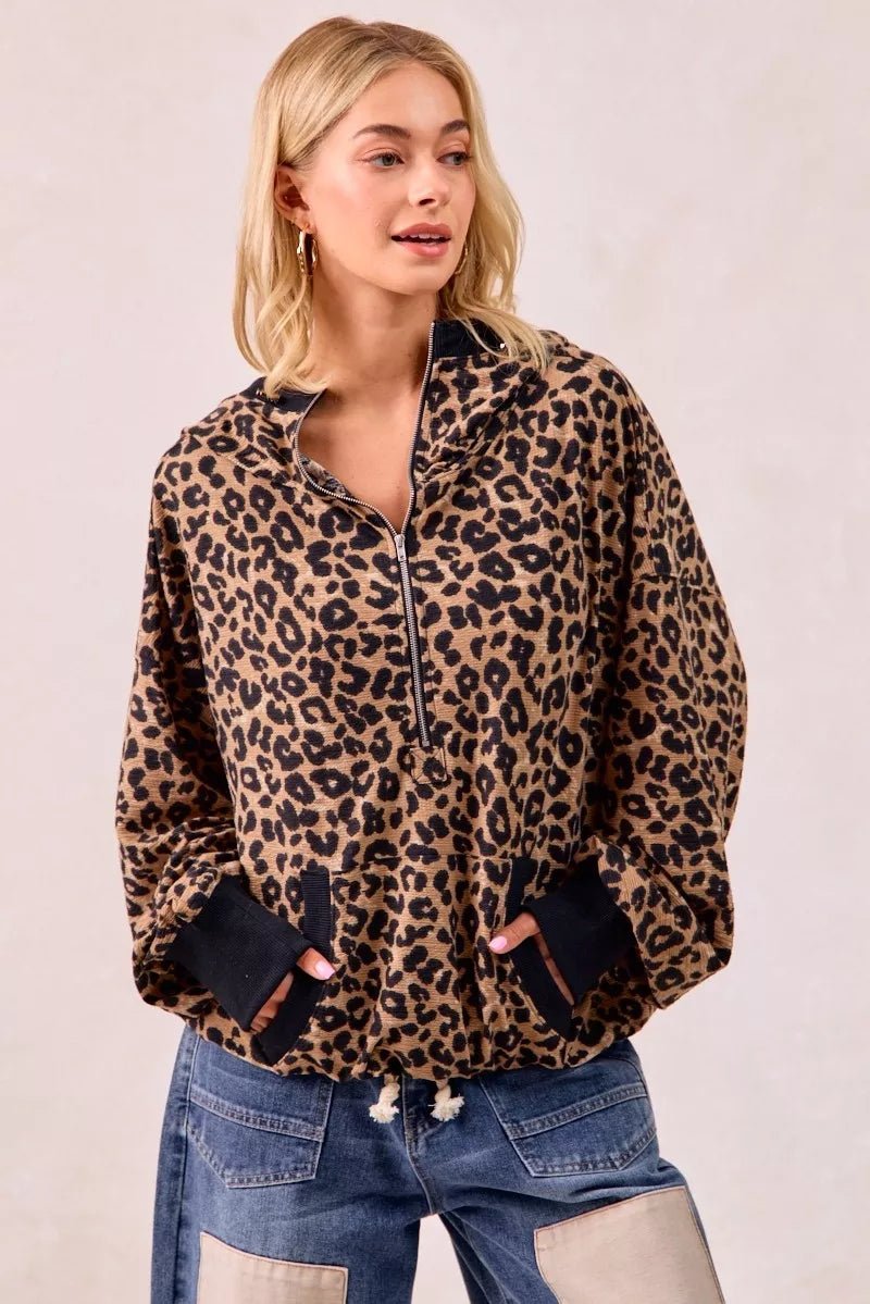 BiBi Leopard Print Waffle Half Zip Up Hoodie W Pocket - Bitsy Gypsy Boutique