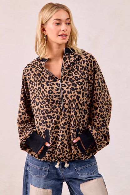BiBi Leopard Print Waffle Half Zip Up Hoodie W Pocket - Bitsy Gypsy Boutique