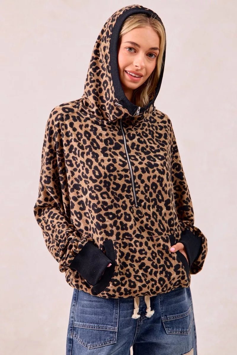 BiBi Leopard Print Waffle Half Zip Up Hoodie W Pocket - Bitsy Gypsy Boutique