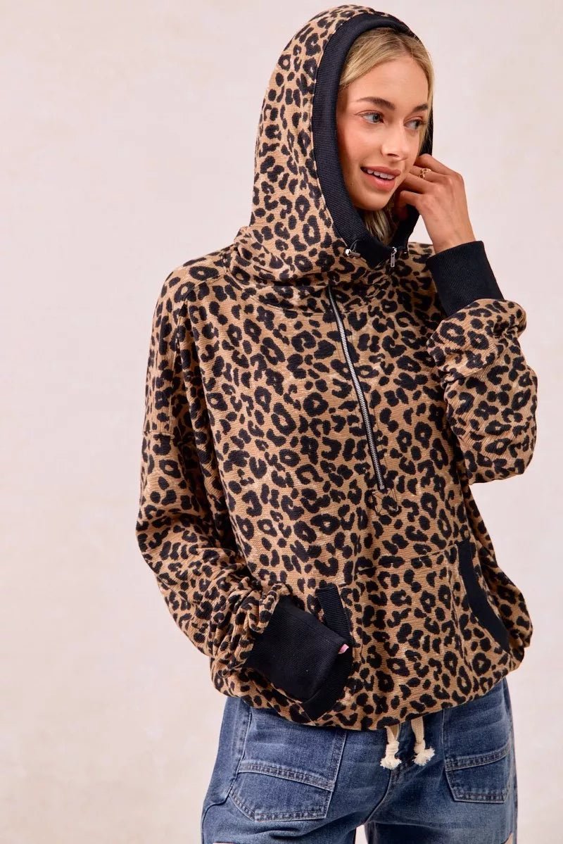 BiBi Leopard Print Waffle Half Zip Up Hoodie W Pocket - Bitsy Gypsy Boutique