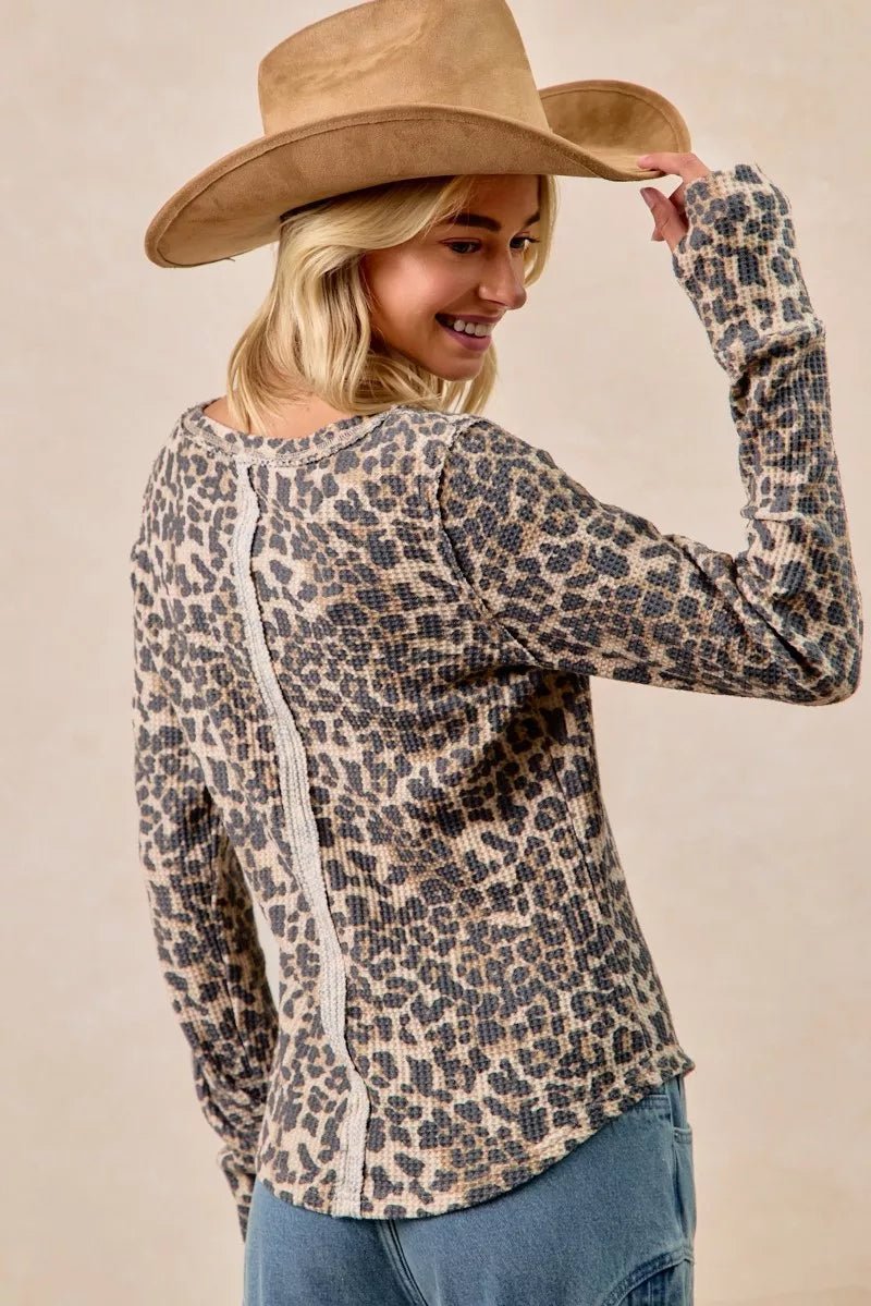 BiBi Leopard Print Washed Waffle Thermal Top with Thumb - Bitsy Gypsy Boutique