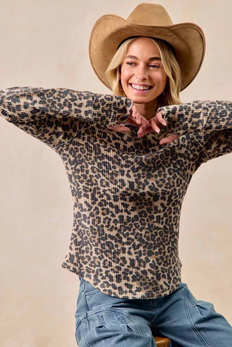 BiBi Leopard Print Washed Waffle Thermal Top with Thumb - Bitsy Gypsy Boutique