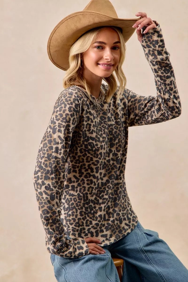 BiBi Leopard Print Washed Waffle Thermal Top with Thumb - Bitsy Gypsy Boutique