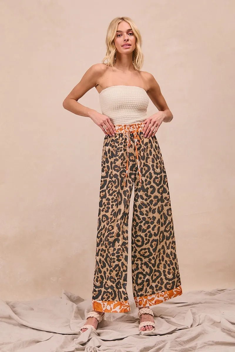 BiBi Leopard Print With Contrast Banded Wide Pants - Bitsy Gypsy Boutique