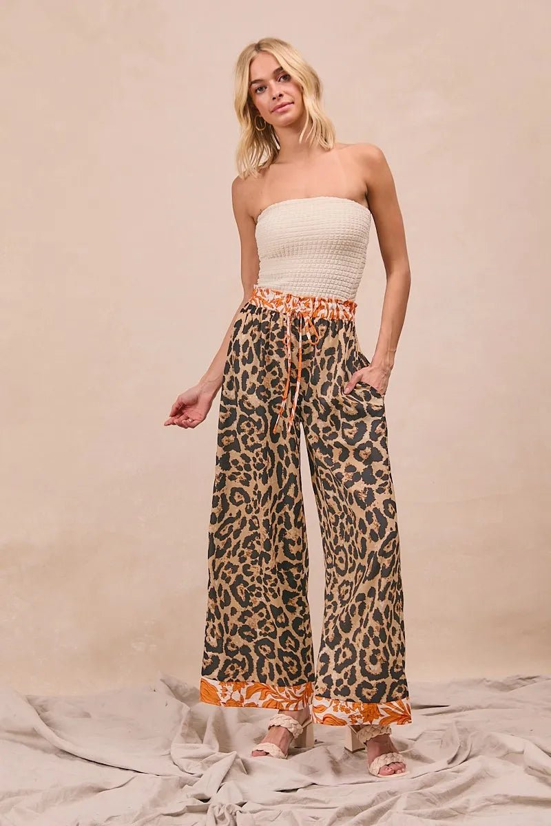BiBi Leopard Print With Contrast Banded Wide Pants - Bitsy Gypsy Boutique