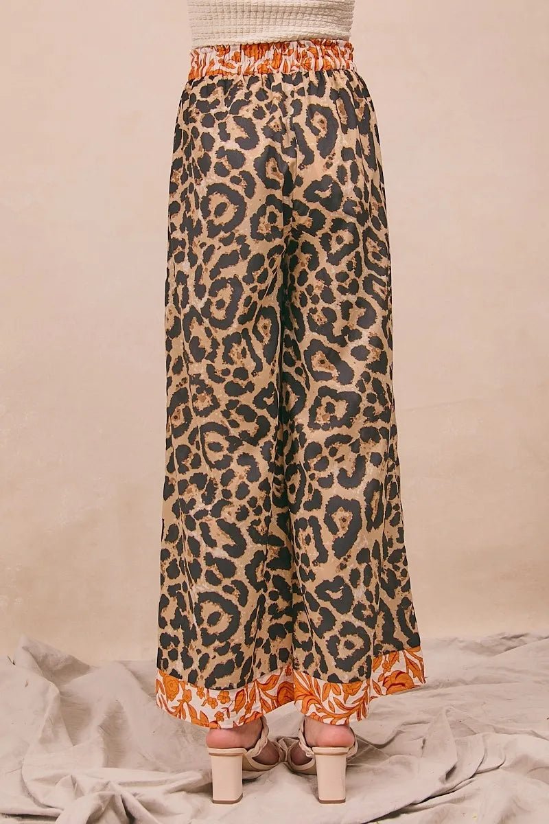 BiBi Leopard Print With Contrast Banded Wide Pants - Bitsy Gypsy Boutique