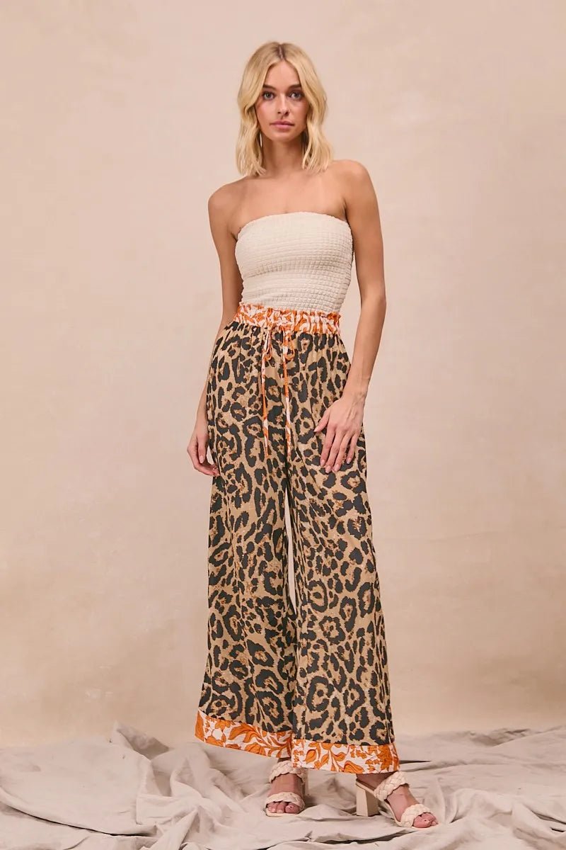 BiBi Leopard Print With Contrast Banded Wide Pants - Bitsy Gypsy Boutique