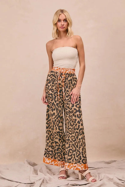 BiBi Leopard Print With Contrast Banded Wide Pants - Bitsy Gypsy Boutique