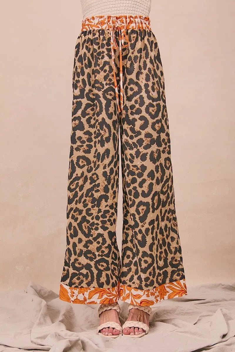 BiBi Leopard Print With Contrast Banded Wide Pants - Bitsy Gypsy Boutique