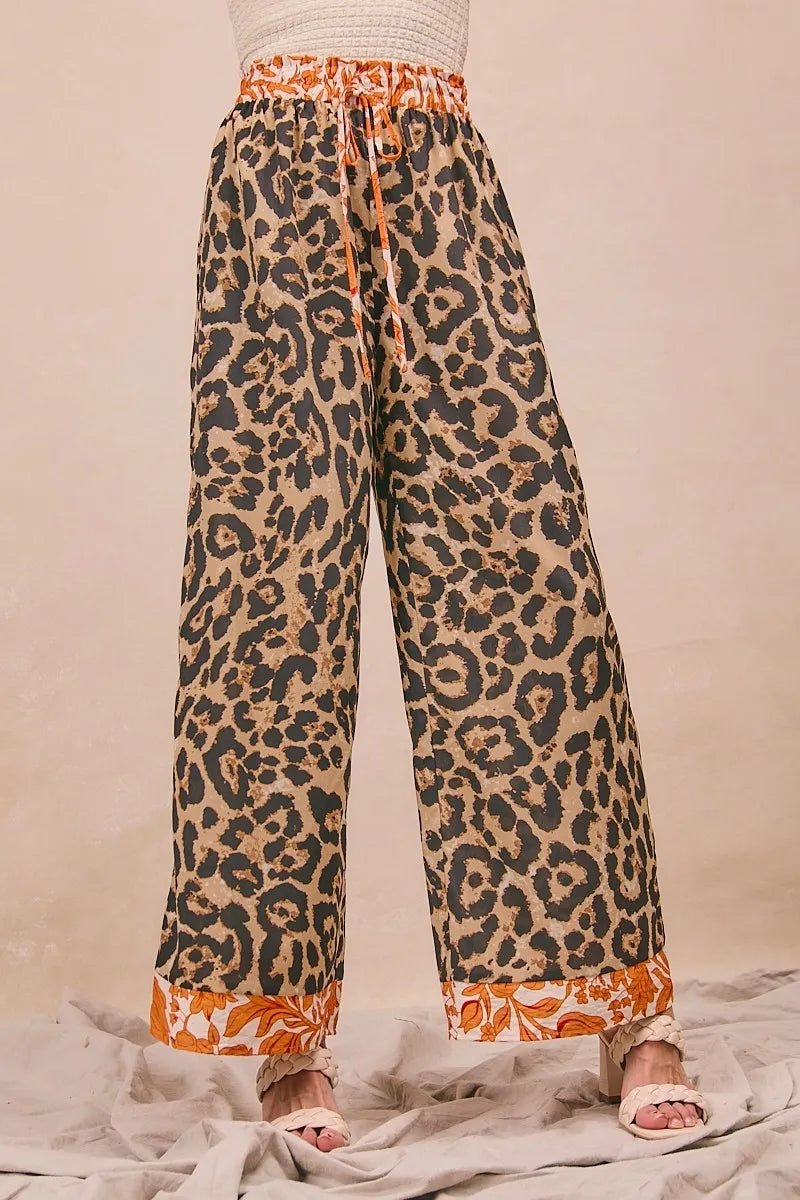 BiBi Leopard Print With Contrast Banded Wide Pants - Bitsy Gypsy Boutique