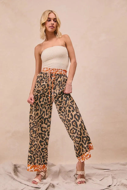 BiBi Leopard Print With Contrast Banded Wide Pants - Bitsy Gypsy Boutique